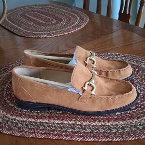 Ann Taylor Camel Suede Loafers with Gold Detail